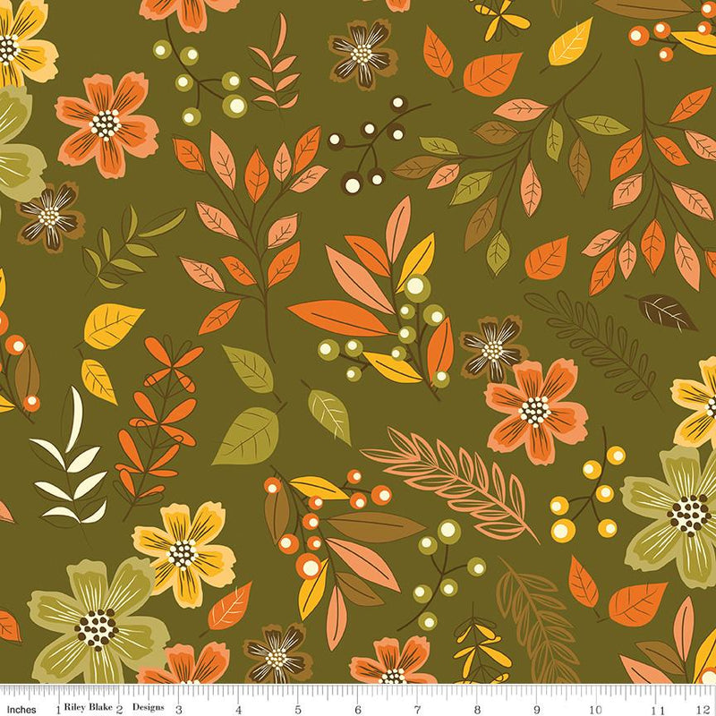 Awesome Autumn Floral and Leaves Olive Green