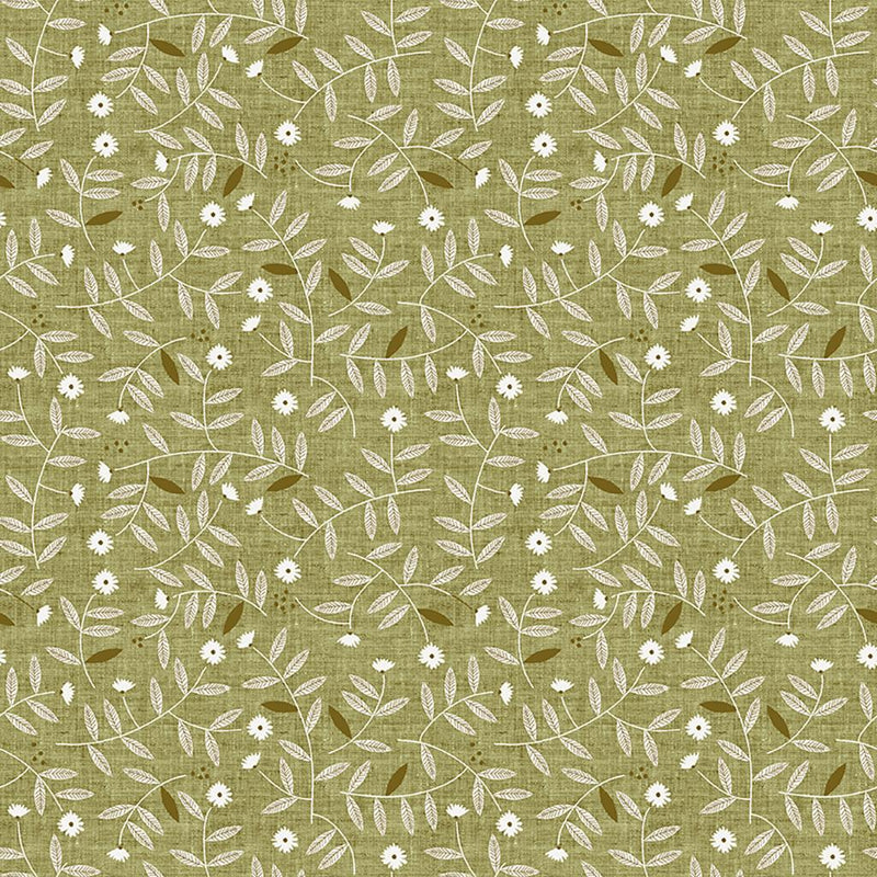 Verdure Leaves and Flowers Olive Green